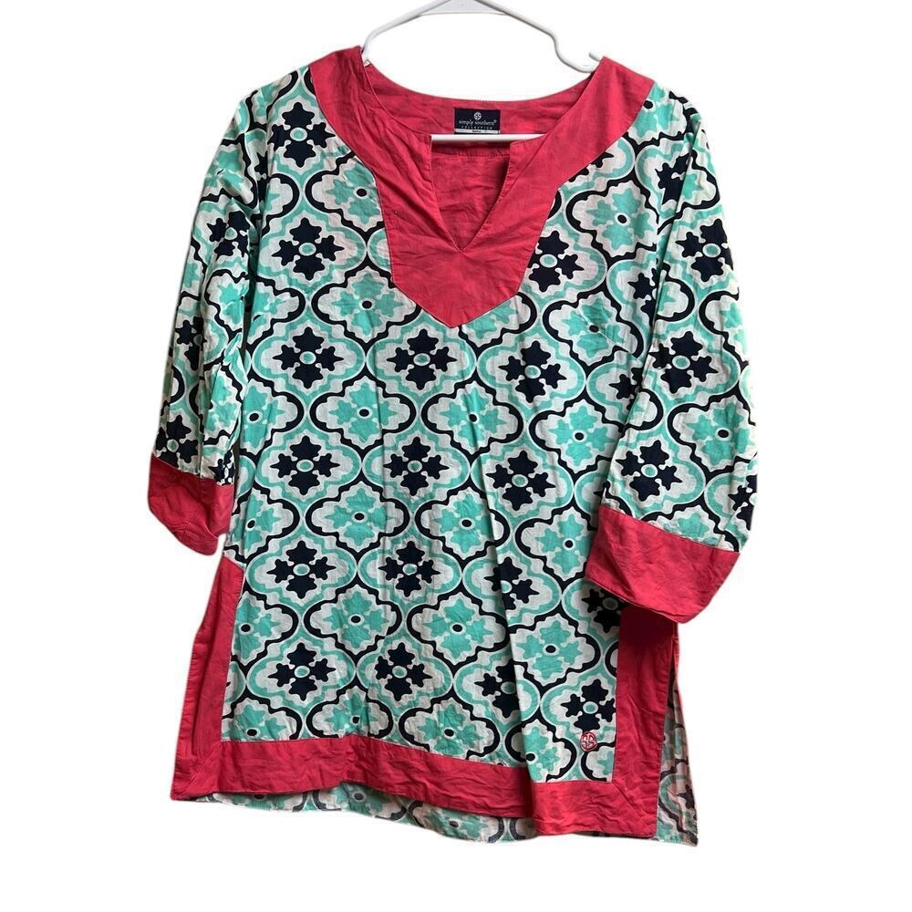 Simply Southern Collection Cotton Tunic Flower Top Aqua Medallions Small